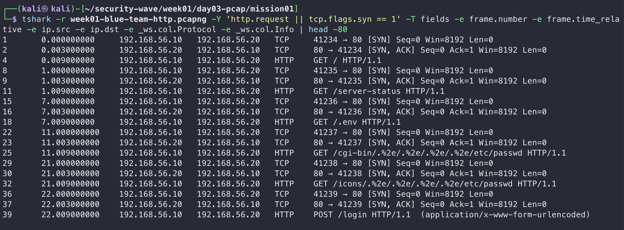 tshark로 뽑은 HTTP 요청·SYN 흐름